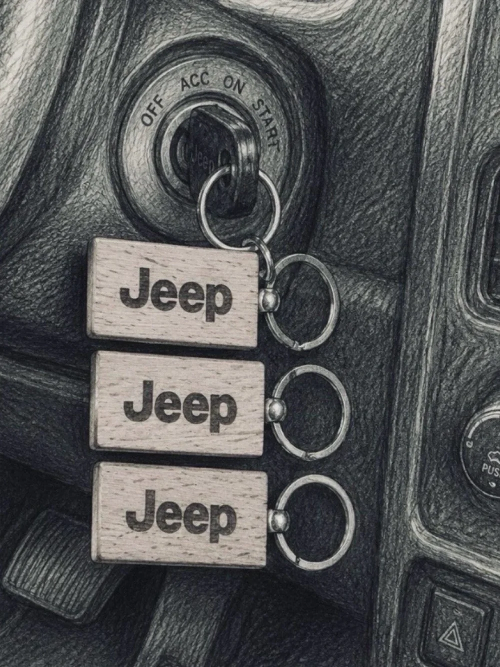 Jeep Branded Wooden Key Set of 3 in Natural Wood and Silver